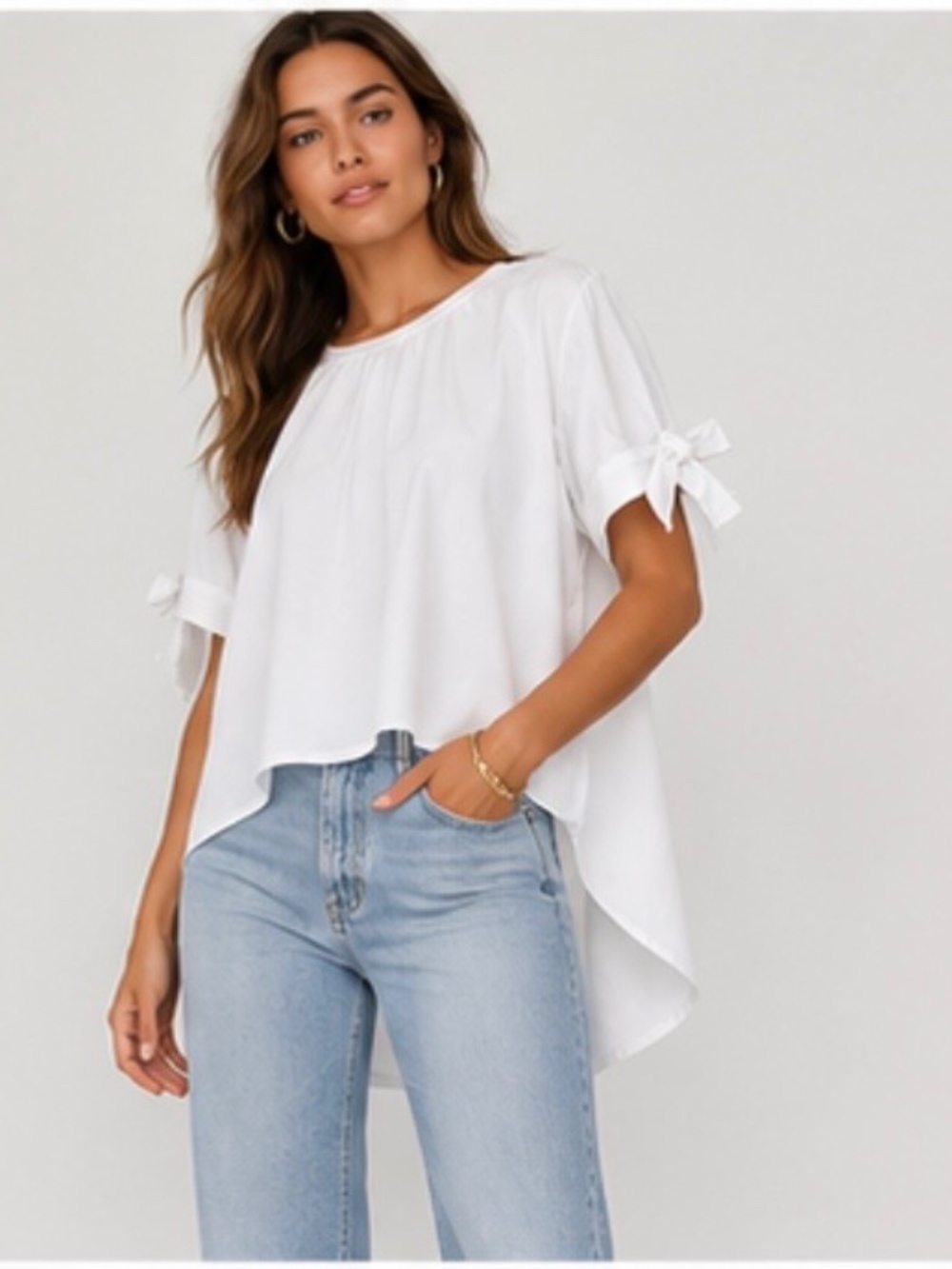 ZARA White High Low Bow Tie Sleeve Blouse Top Size S NWOT